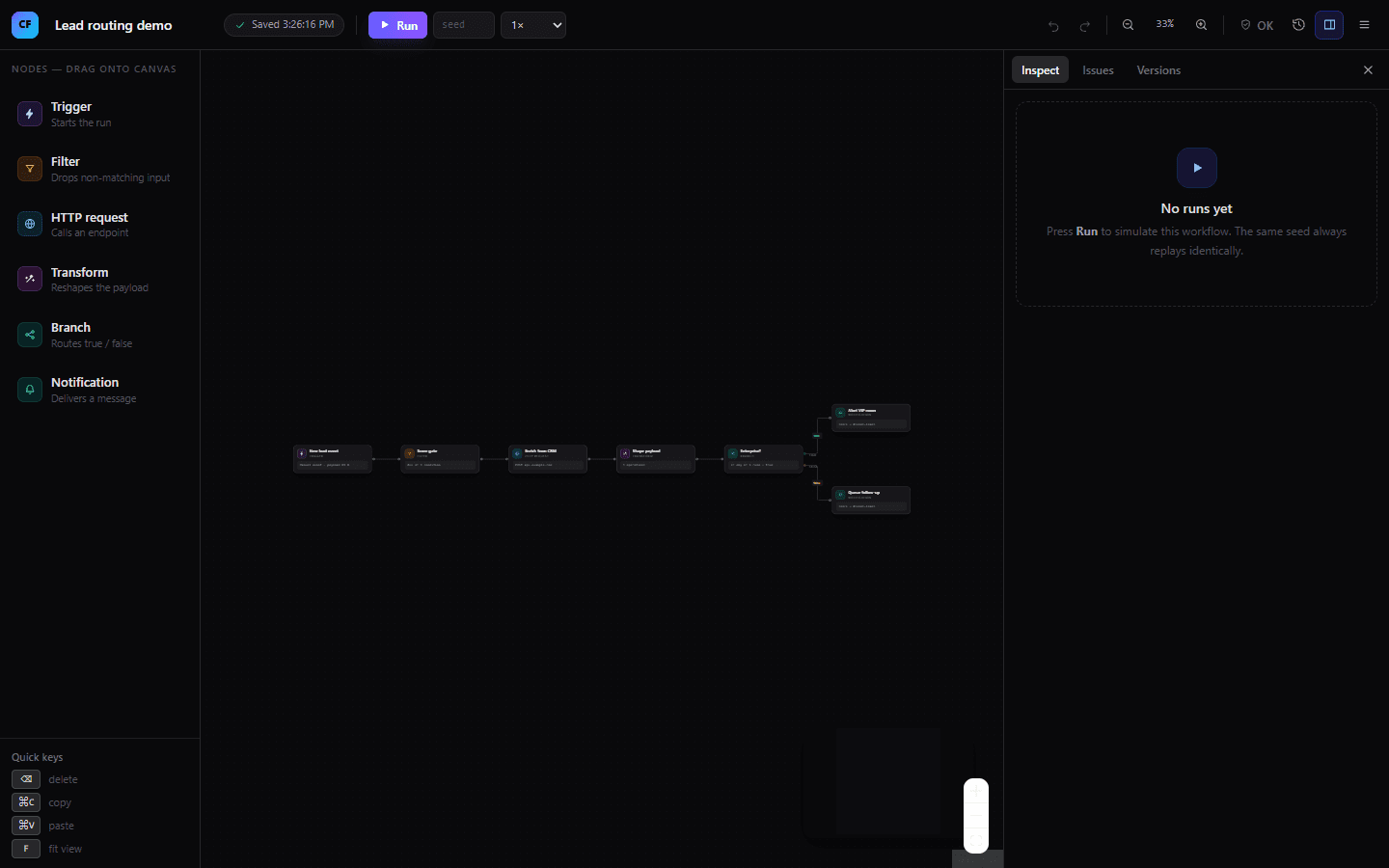 CanvasFlow editor showing a webhook workflow as connected nodes on a dark canvas with an execution inspector