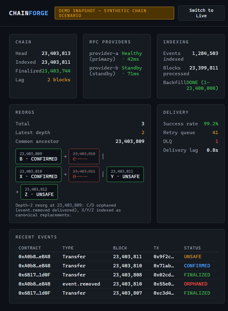ChainForge operator dashboard showing a labeled demo snapshot of reorg-safe indexing and delivery