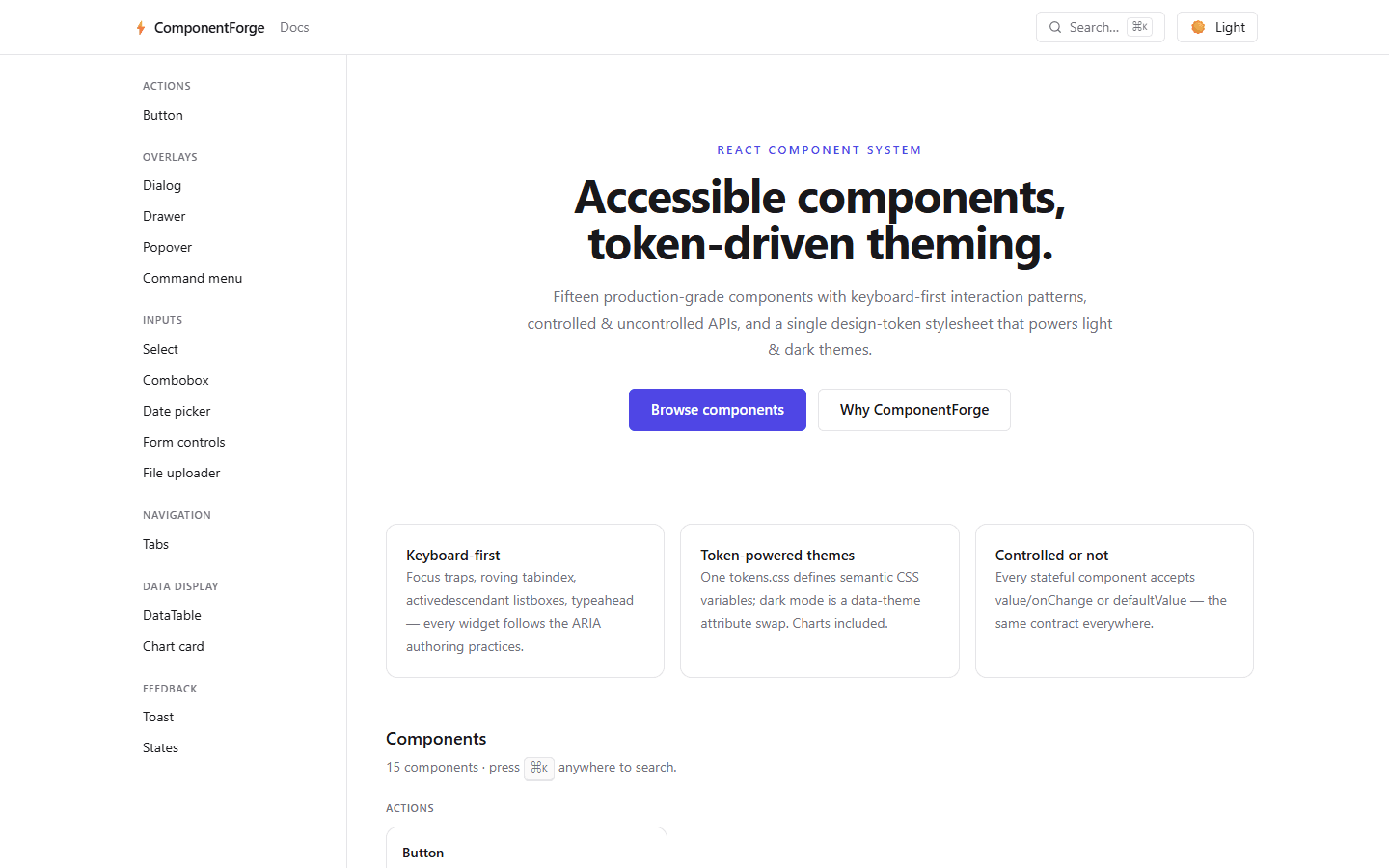 ComponentForge documentation showing button variants, states and code examples