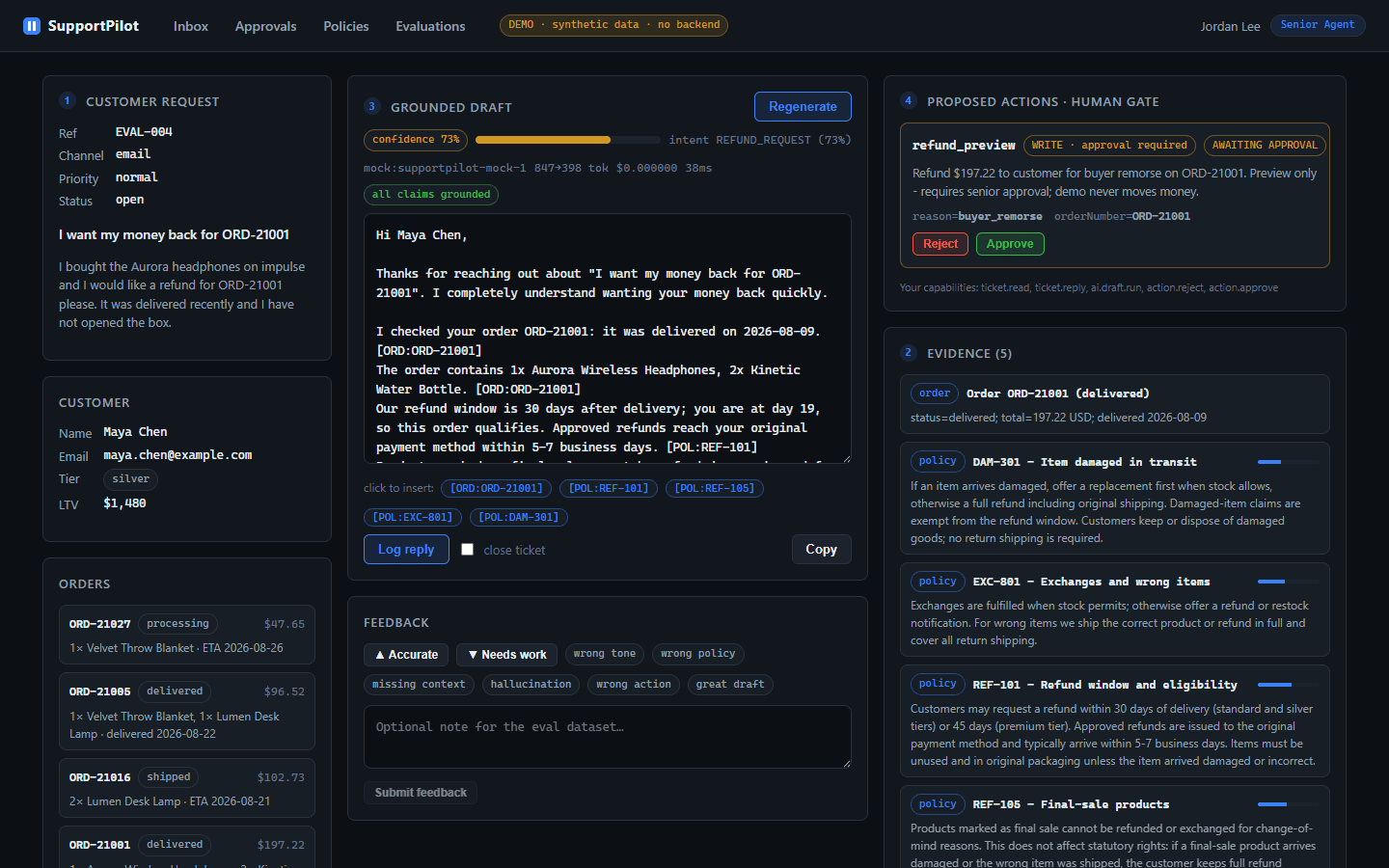 SupportPilot ticket workspace showing a drafted cited reply and queued write-action proposals awaiting approval